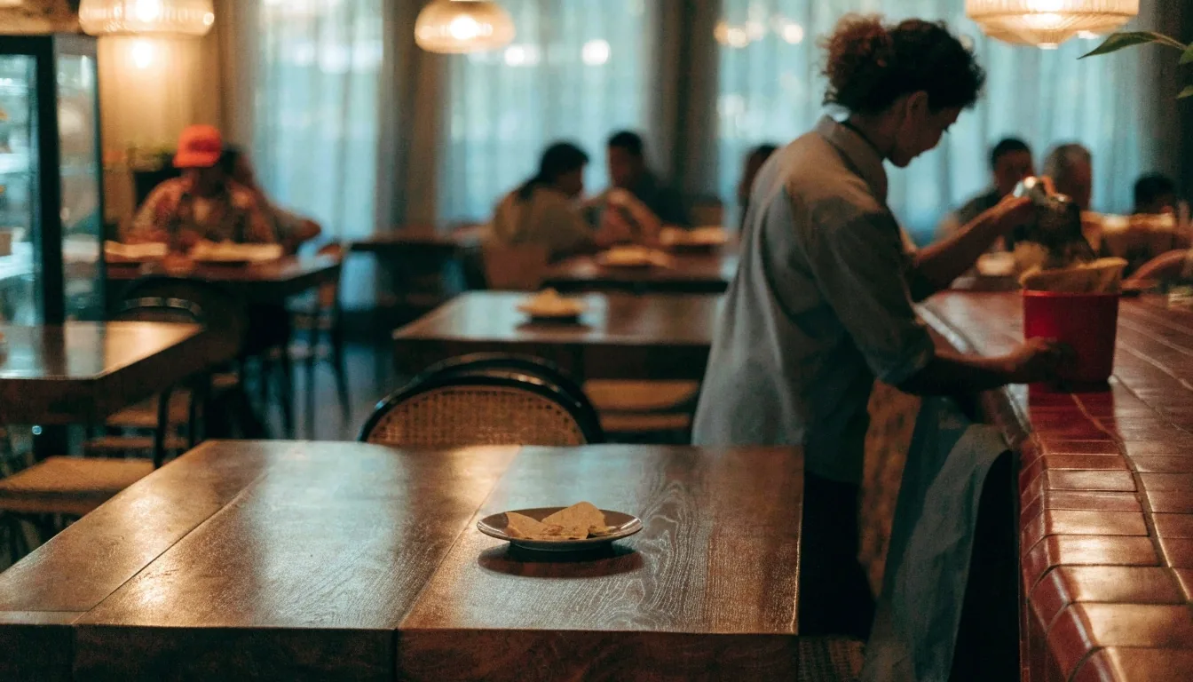 Calm dining room inside a Guzman y Gomez restaurant in the evening