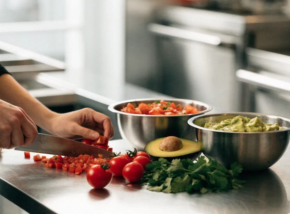Fresh fillings and salsas prepared in a Guzman y Gomez kitchen