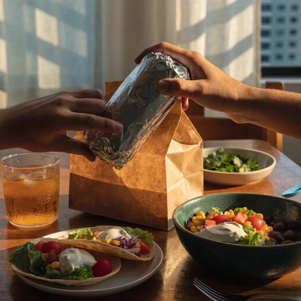 Guzman y Gomez delivery spread with burritos, tacos and bowls on a home table