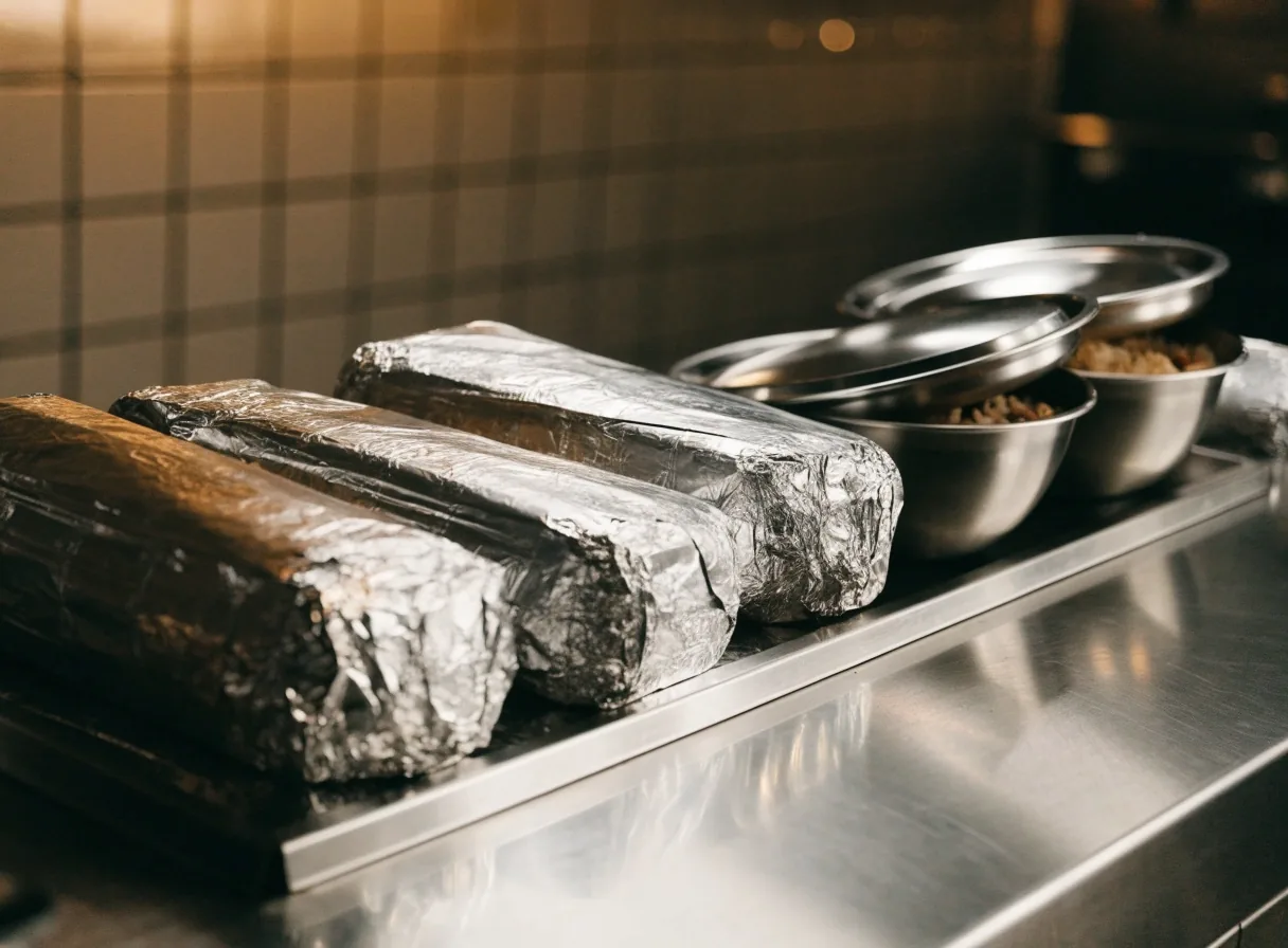 Burritos and bowls being packed for delivery on a restaurant pass