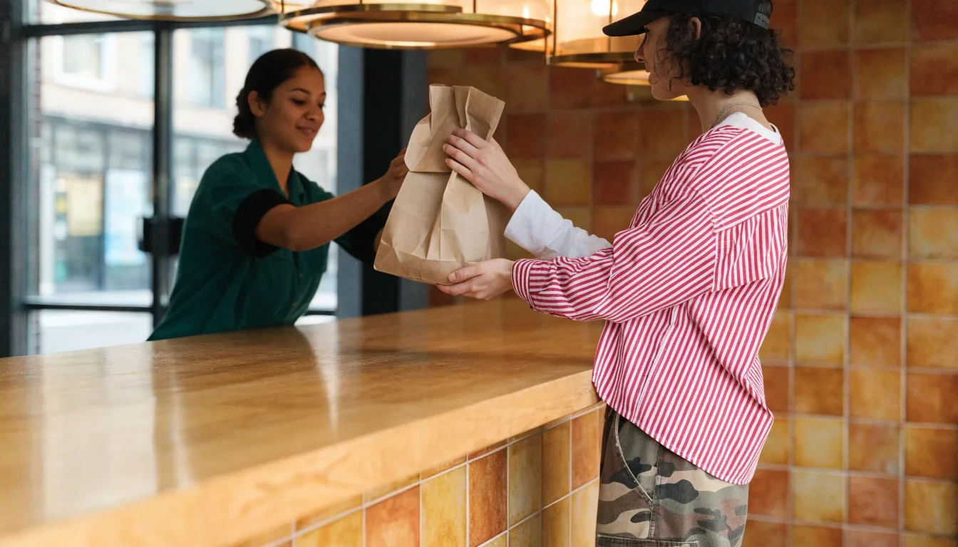 Guzman y Gomez counter in Melbourne with staff handing over a takeaway order