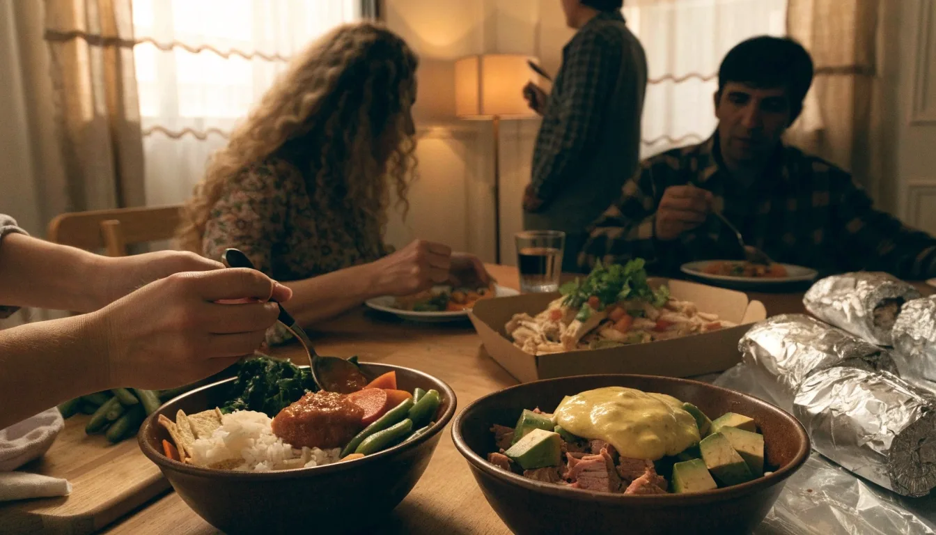 Family sharing burritos and bowls at a home dinner table