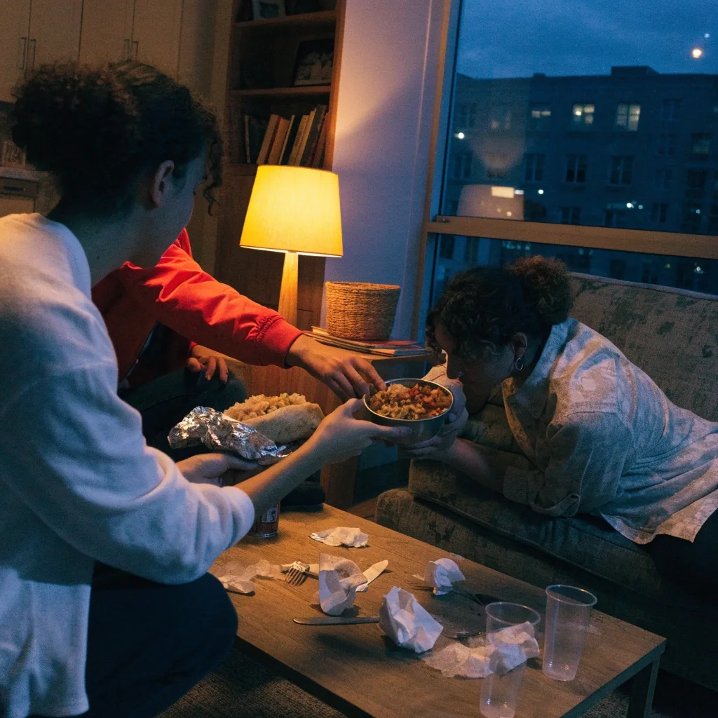 Friends sharing a late-night Mexican delivery at home