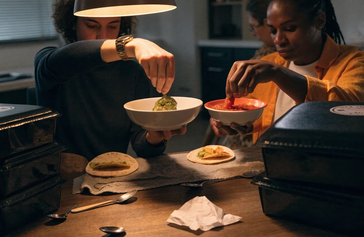 Hands building burritos and bowls for a mixed group