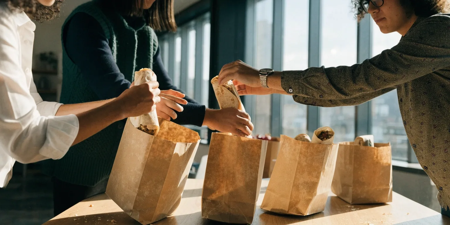 Office team opening a Guzman y Gomez lunch delivery in a meeting room