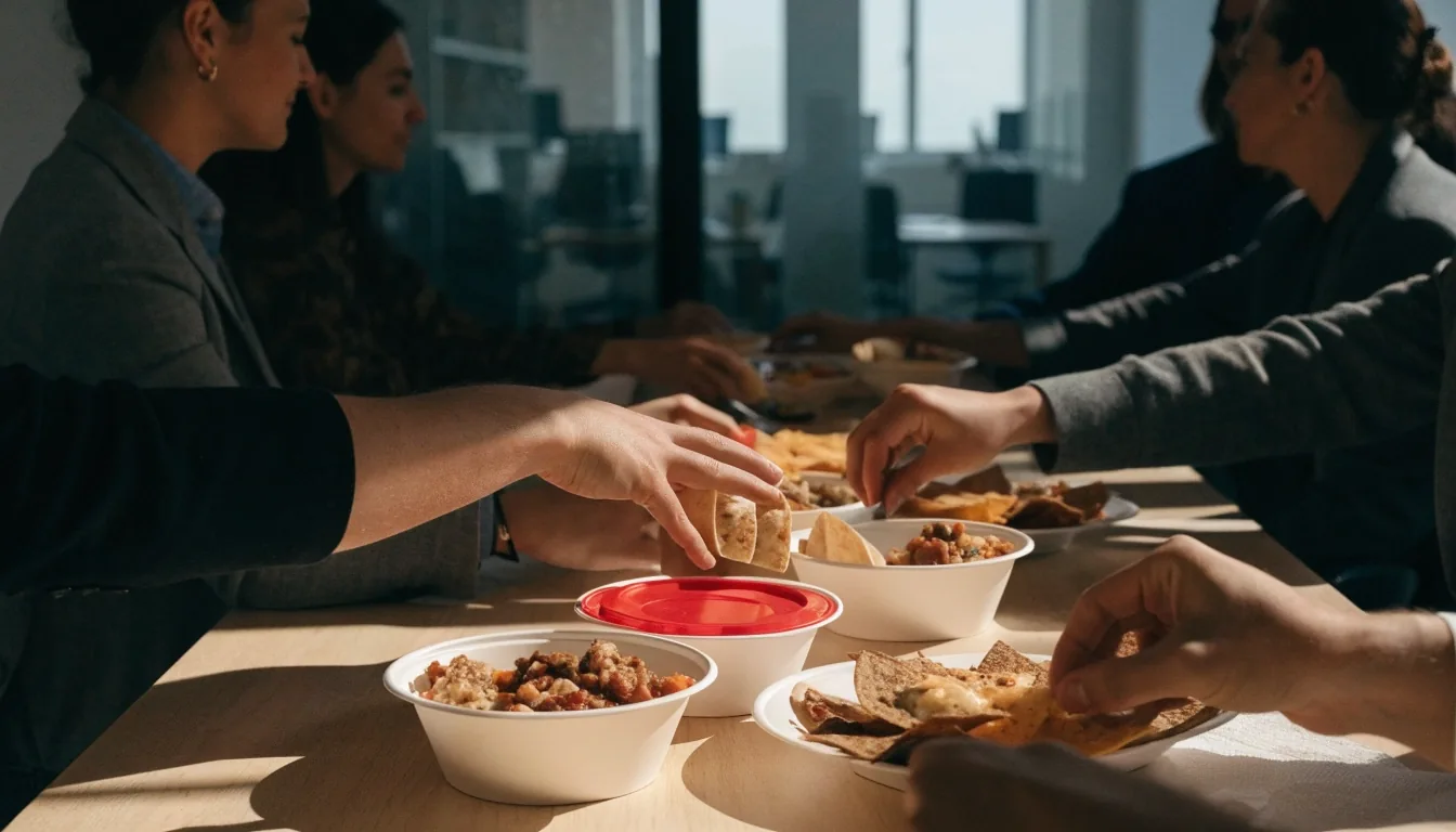 Shared Guzman y Gomez group order spread on a lunch table