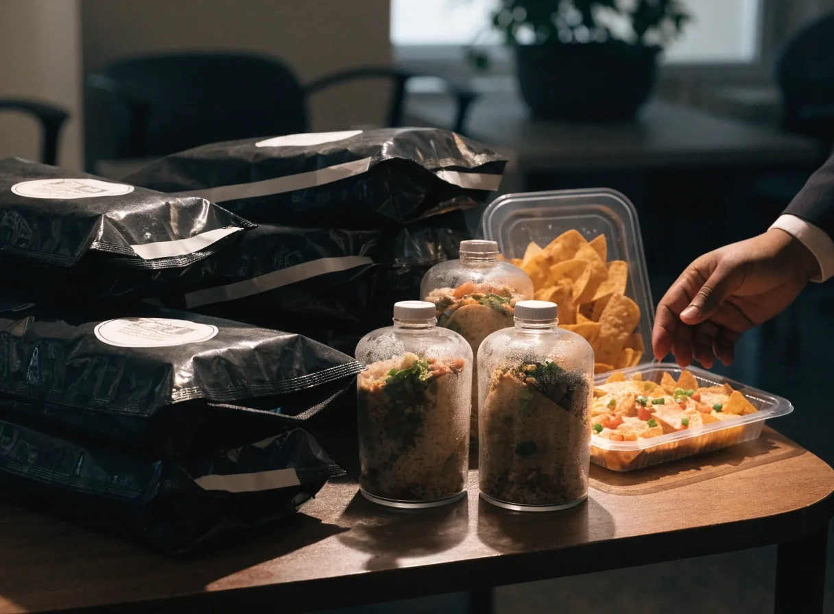 Unpacking a group delivery with wrapped burritos and separate dips
