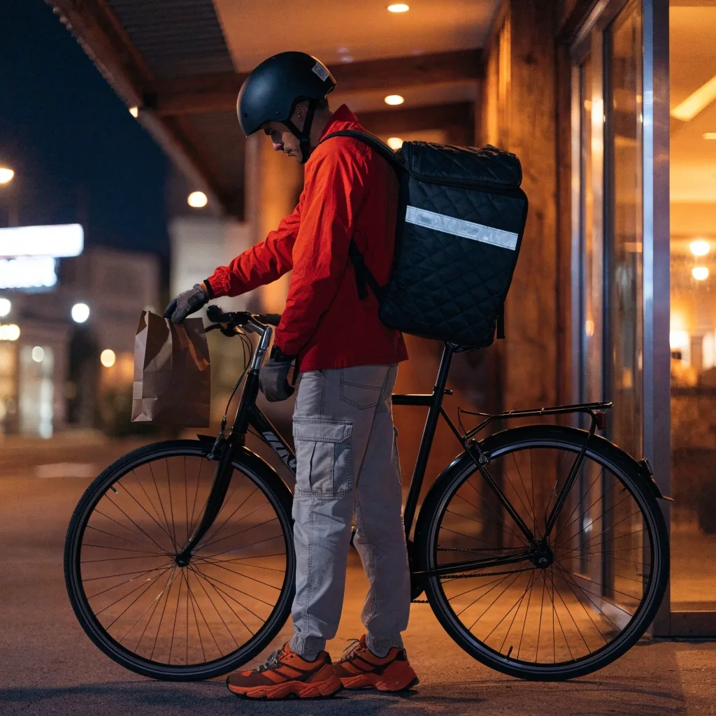 Food delivery courier collecting dinner order at night in Melbourne
