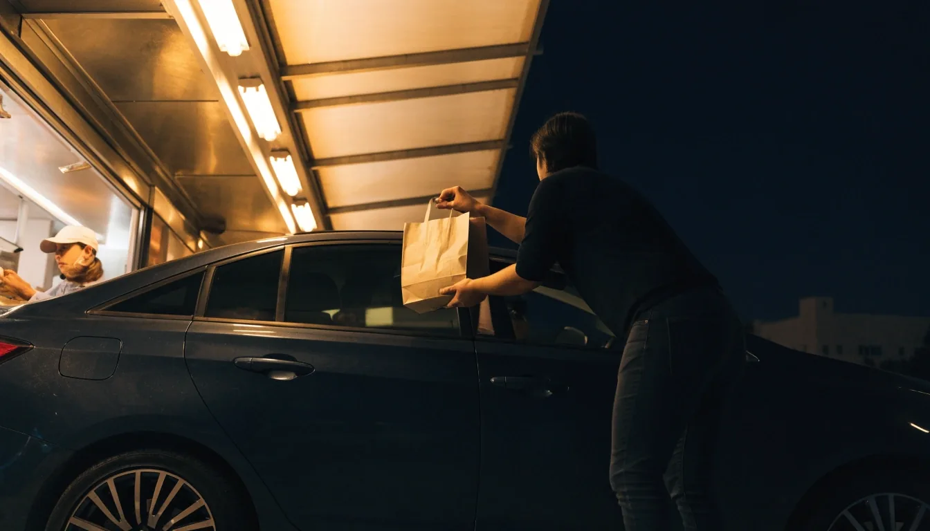 Car collecting GYG takeaway at the drive-thru at night