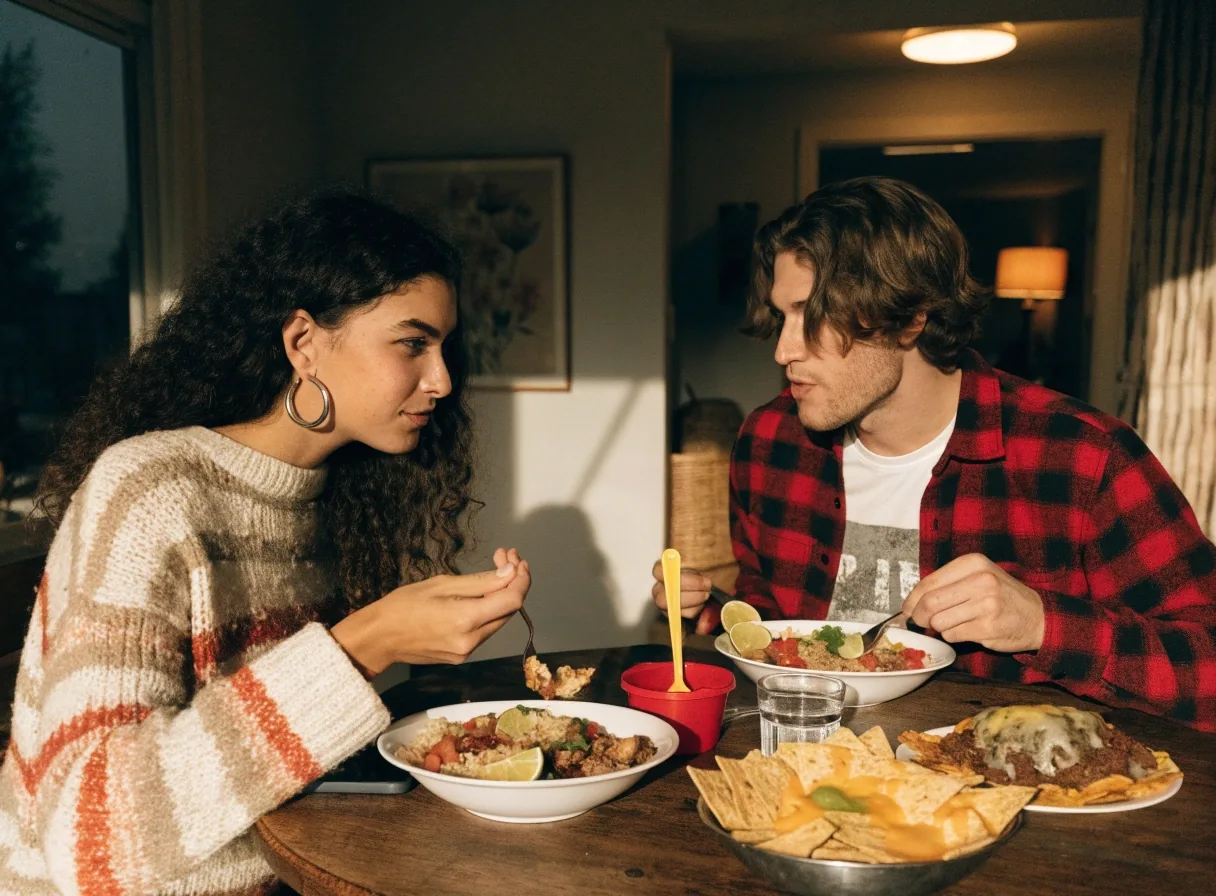 Couple sharing GYG burrito bowls at home after checking delivery to their address
