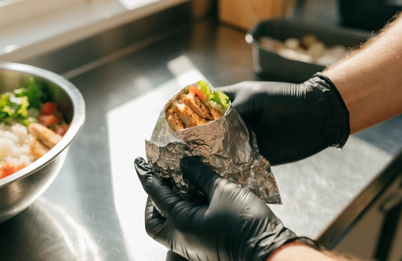 Hands wrapping a fresh GYG burrito in foil before packing for delivery