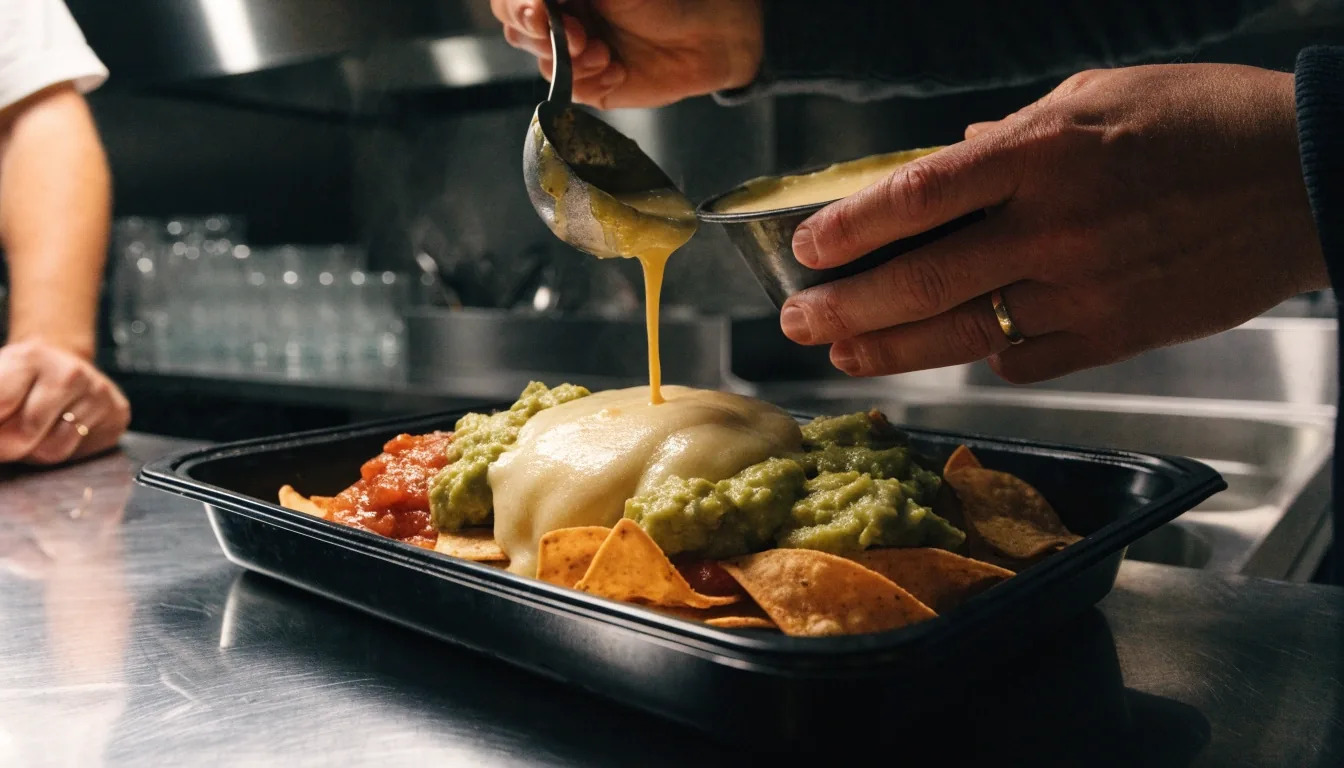 Delivery bag with burritos and bowls arriving at a doorstep at dusk