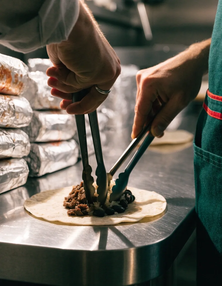 Freshly wrapped burrito holding rice, beans and protein together