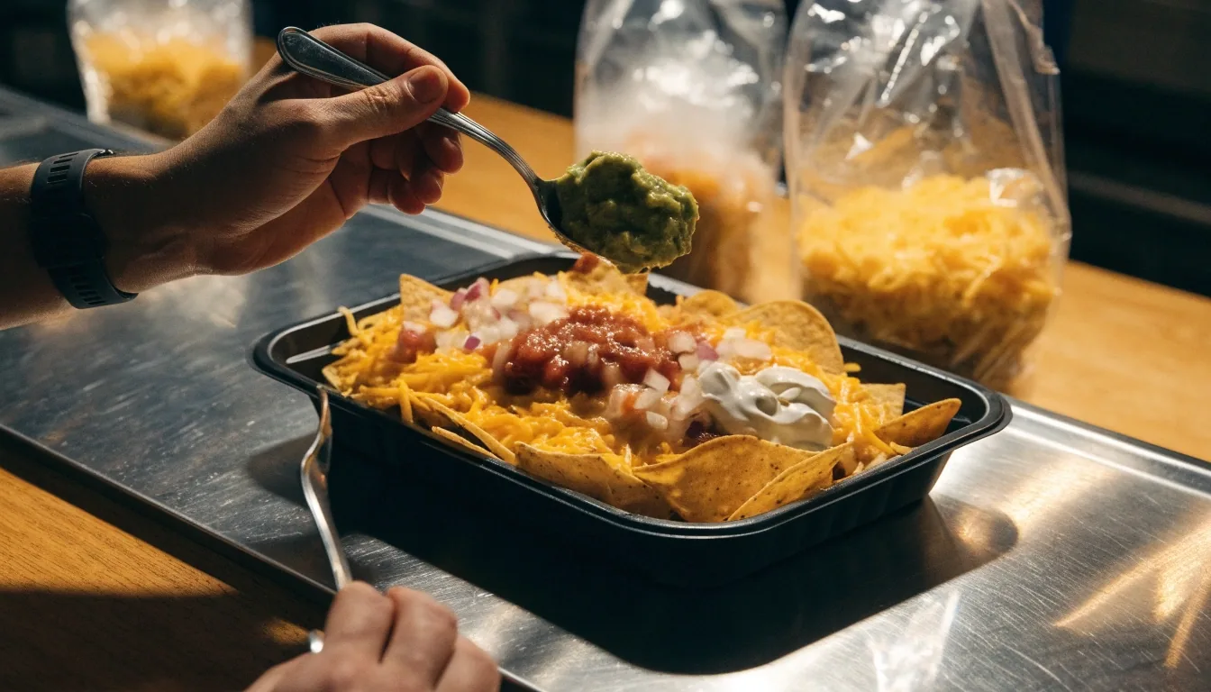 Share nachos with cheese, salsa and guacamole ready for delivery