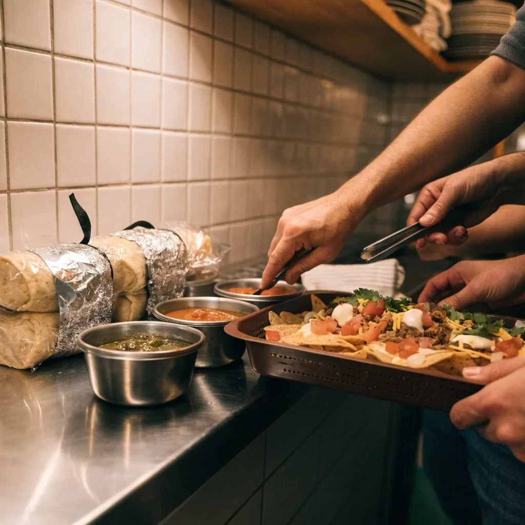 Share spread with burritos, bowls and dips on a family table