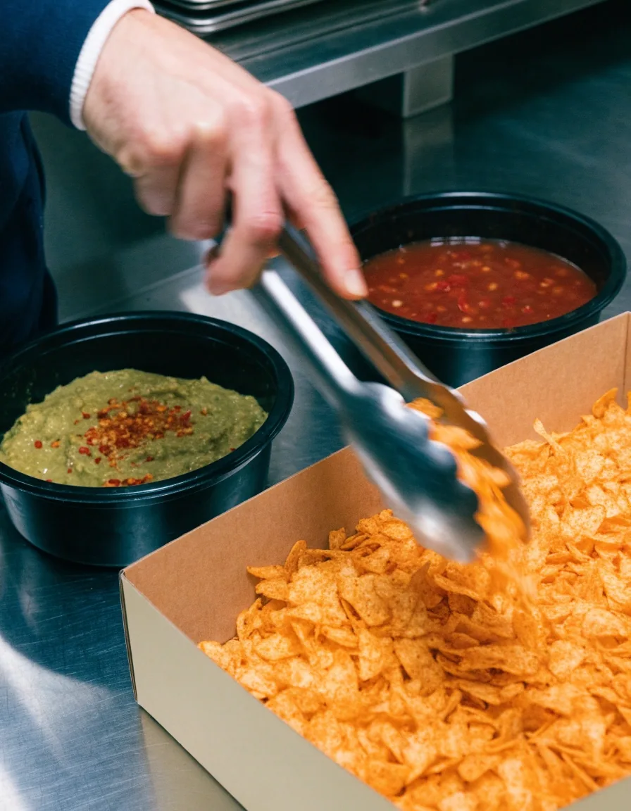 Soft tacos with grilled filling and salsa tubs on a tray