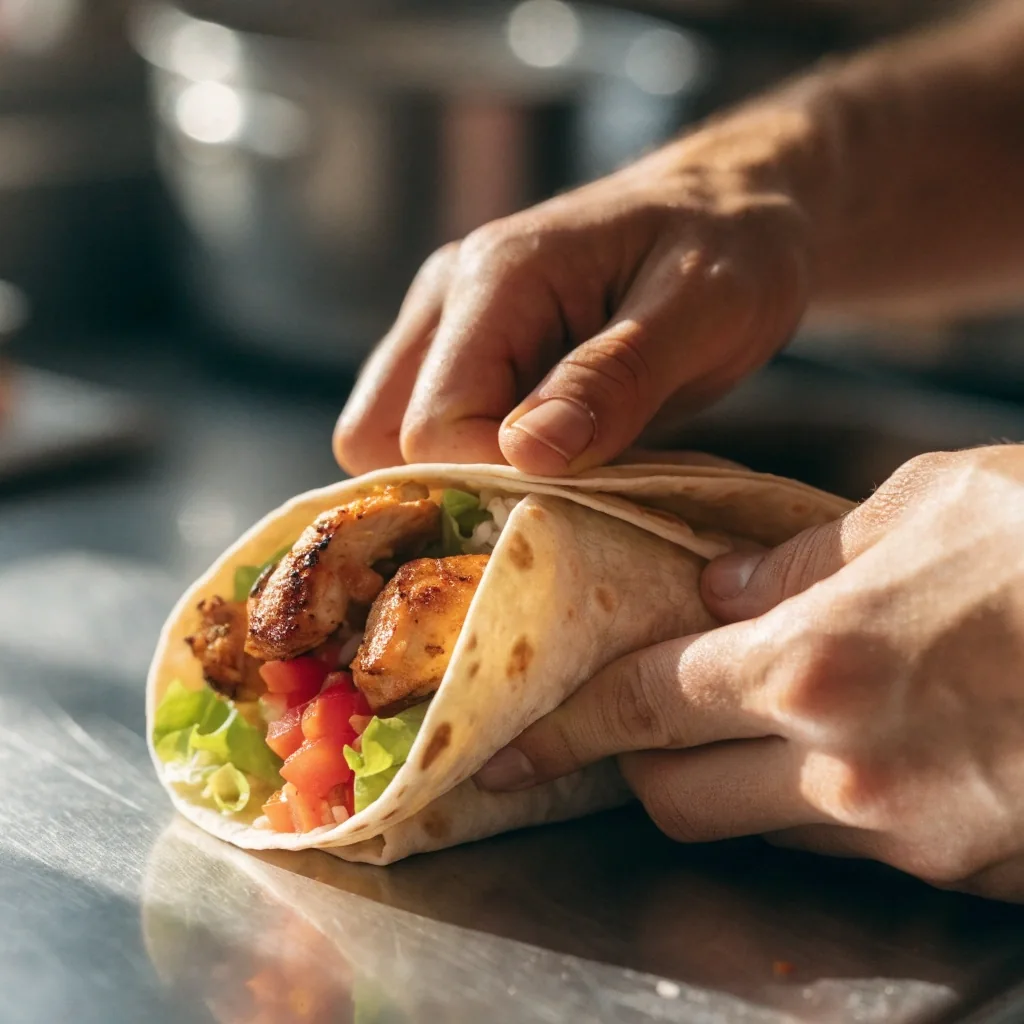 Hands preparing a burrito with fresh ingredients