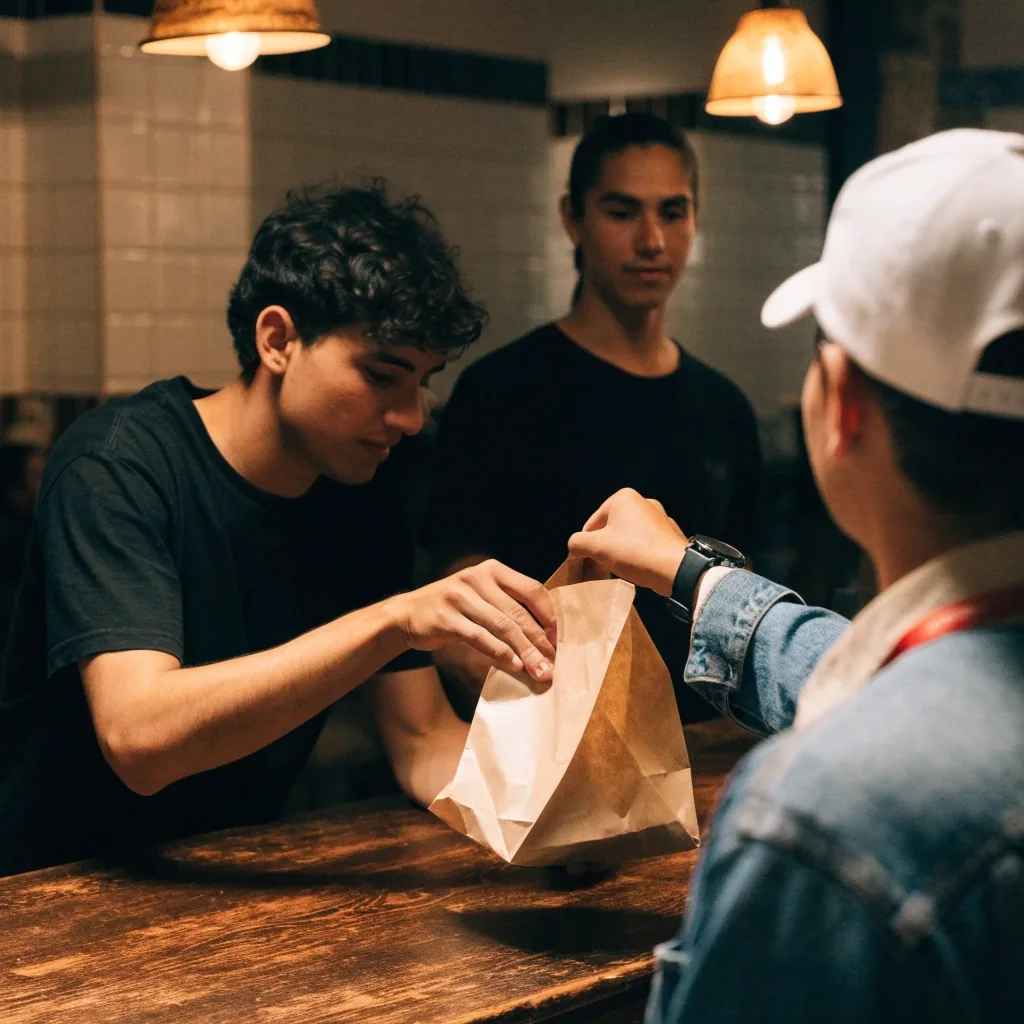 Takeaway handover at a Mexican restaurant counter in the evening